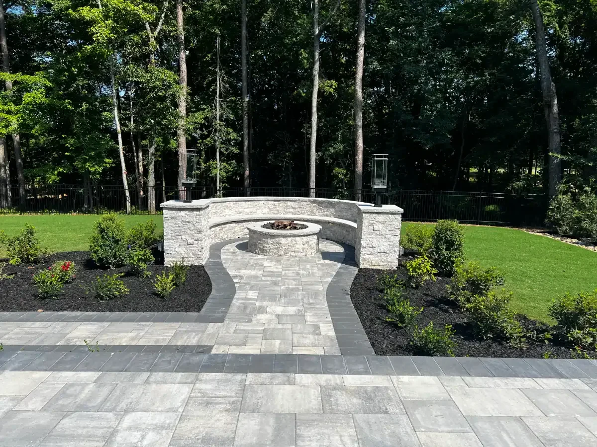 Stone Firepit Landscaped Backyard Mecklenburg County North Carolina