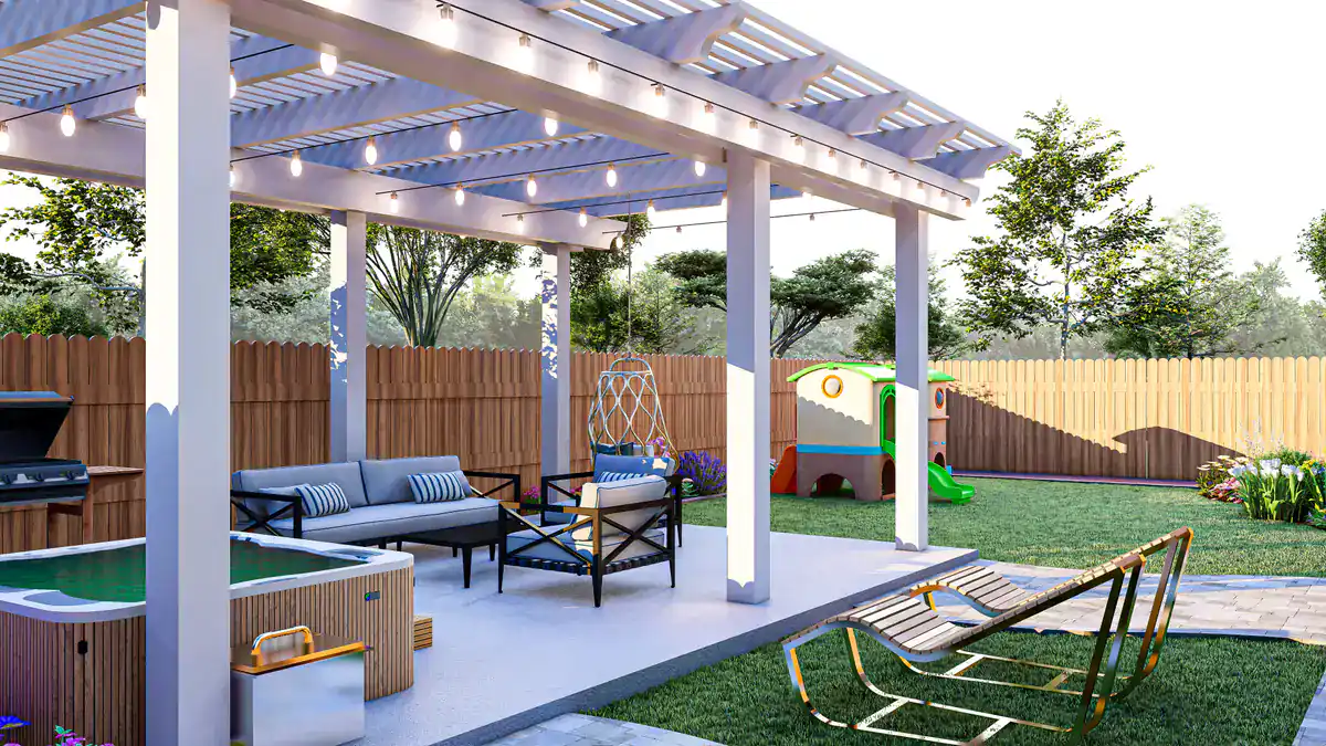 A backyard patio with string lights, a pergola, outdoor seating, and a hot tub. There's a grill, lounge chairs, a hanging chair, and a small playhouse with a slide on a grassy lawn, all enclosed by a wooden fence.