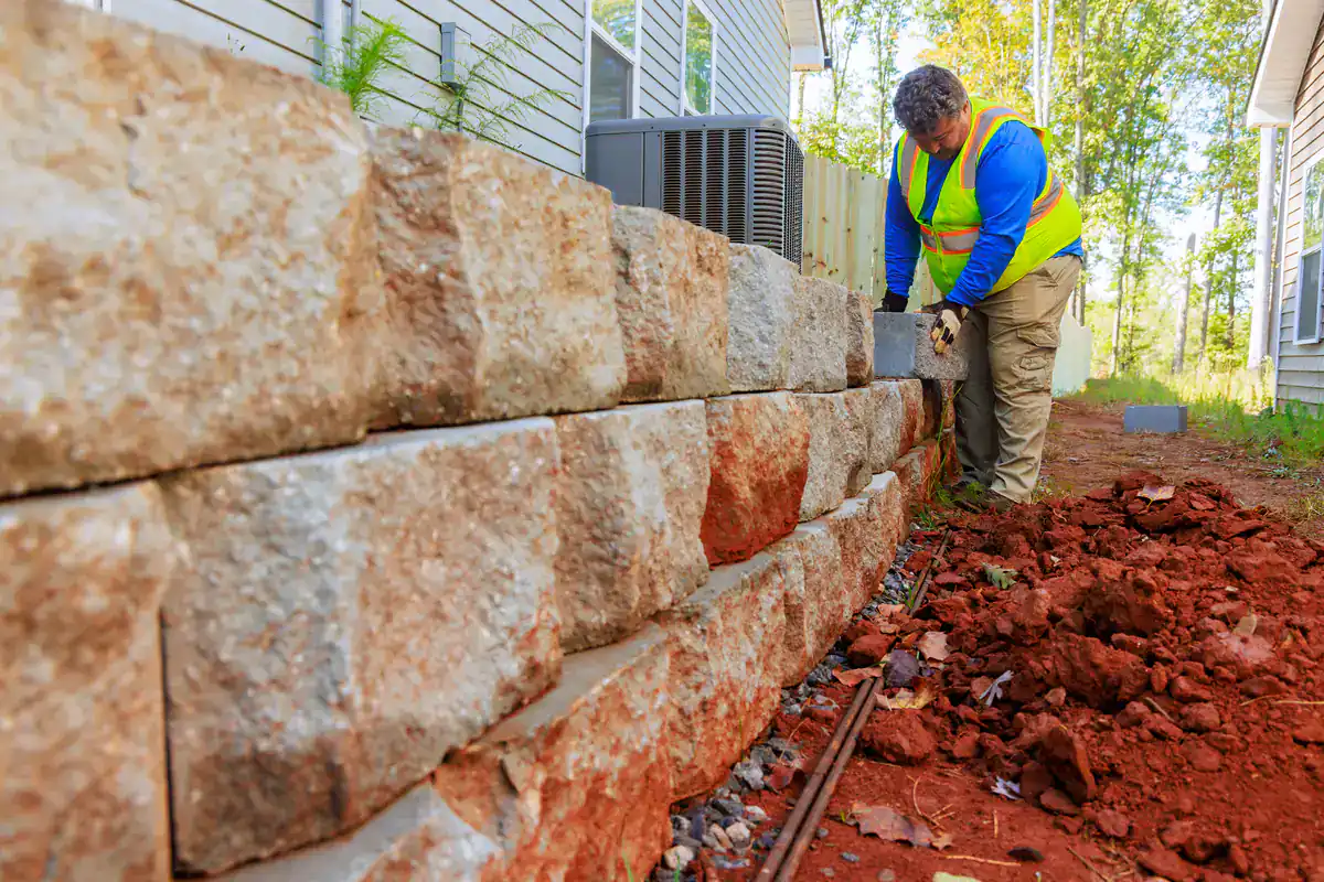 A construction worker in a yellow safety vest installs concrete blocks to build a retaining wall alongside a house, with exposed red soil and an HVAC unit nearby.