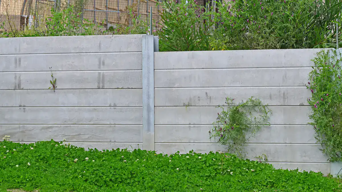 A concrete fence with horizontal panels stands behind a patch of green grass and clover, with some plants and vines growing against and partly over the fence.
