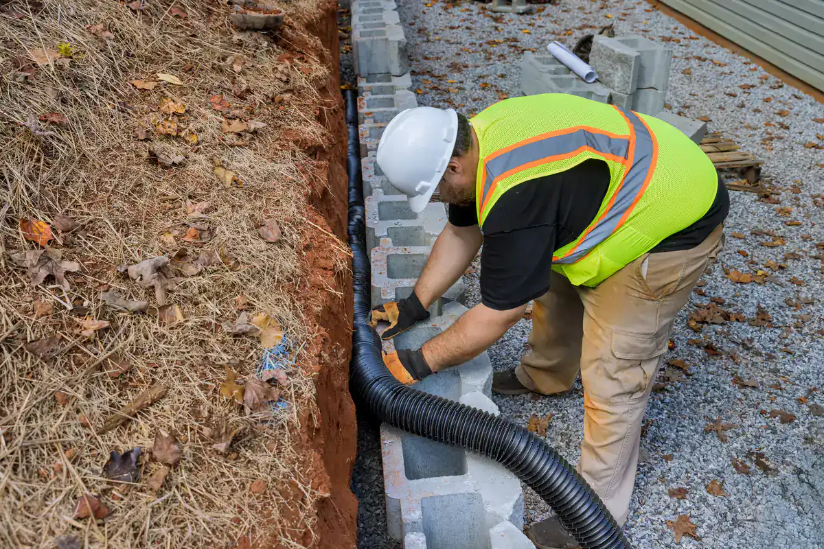A construction worker in a safety vest and helmet installs concrete blocks and a black drainage pipe along a sloped, dirt area covered with dry leaves.