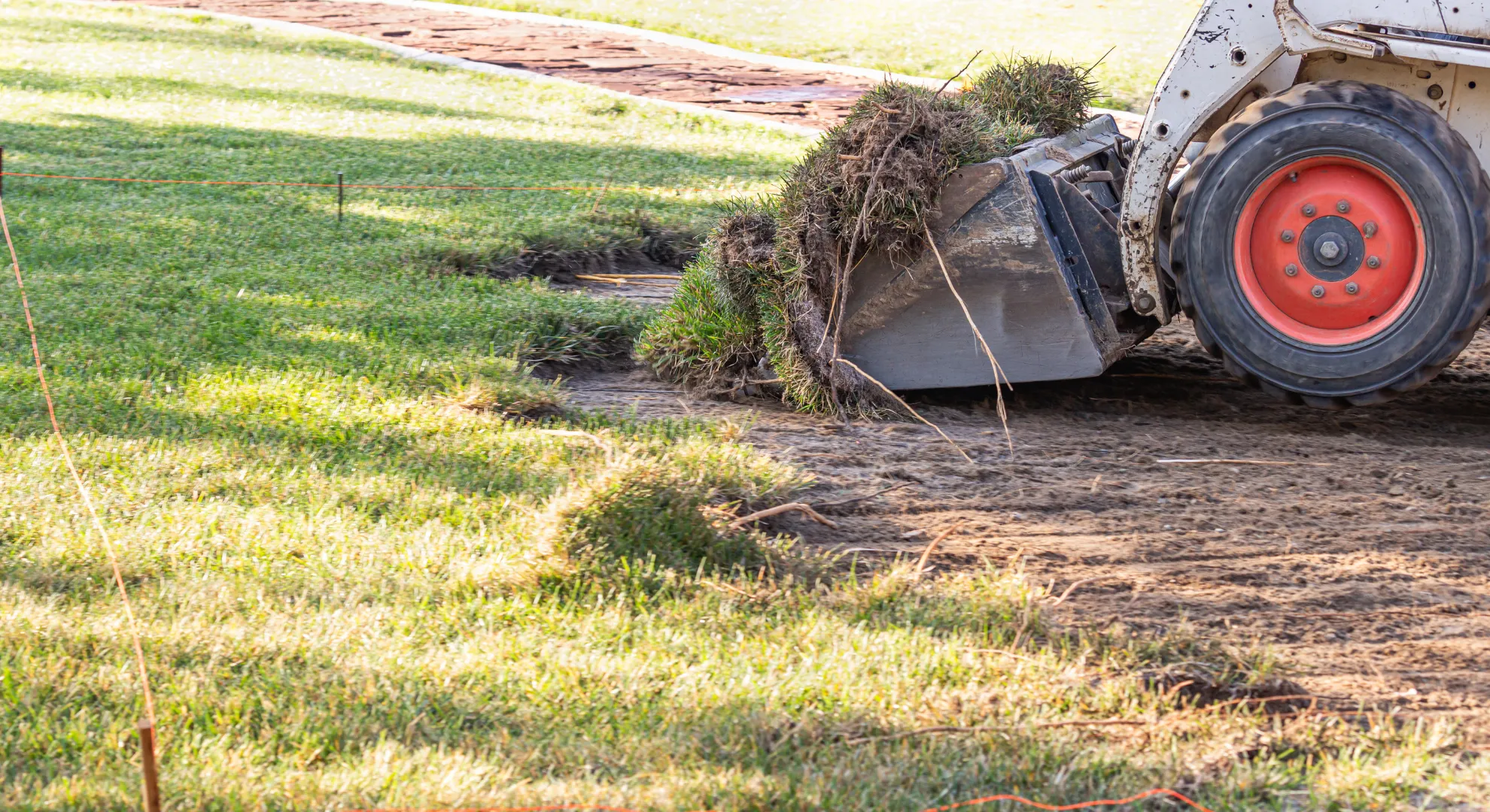 A sod cutting machine lifts grass from a sunny lawn, revealing soil beneath during landscaping work.